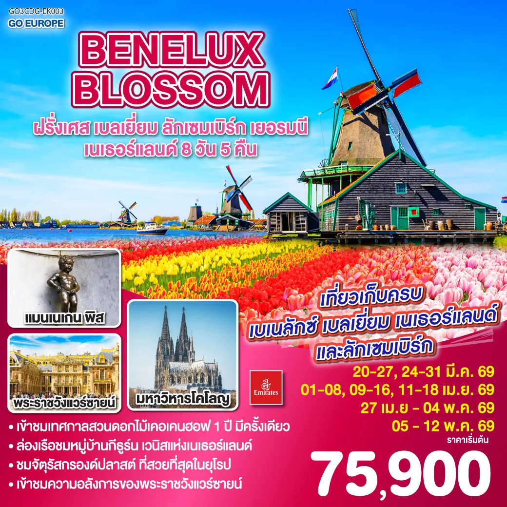 ทัวร์เบลเยี่ยม BENELUX BLOSSOM ฝรั่งเศส เบลเยี่ยม ลักเซมเบิร์ก เยอรมนี เนเธอร์แลนด์ 8วัน 5คืน  (EK)