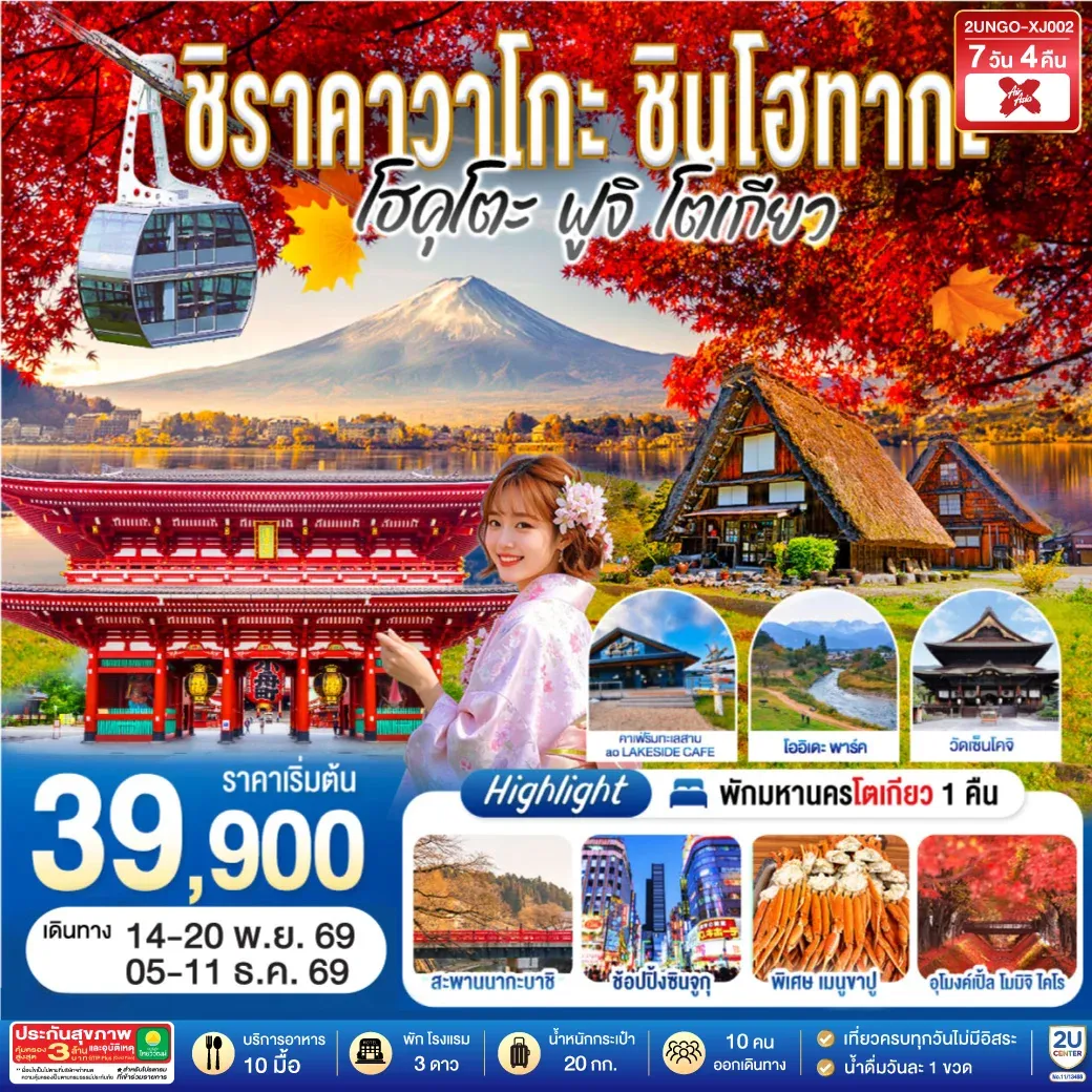 ทัวร์ญี่ปุ่น ชิราคาวาโกะ ชินโฮทากะ โฮคุโตะ  ฟูจิ โตเกียว  7วัน 4คืน (XJ)